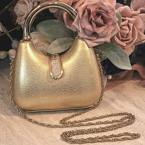 Vintage Gold Croc Embossed Hard Shell Evening Bag - Picture 1 of 10